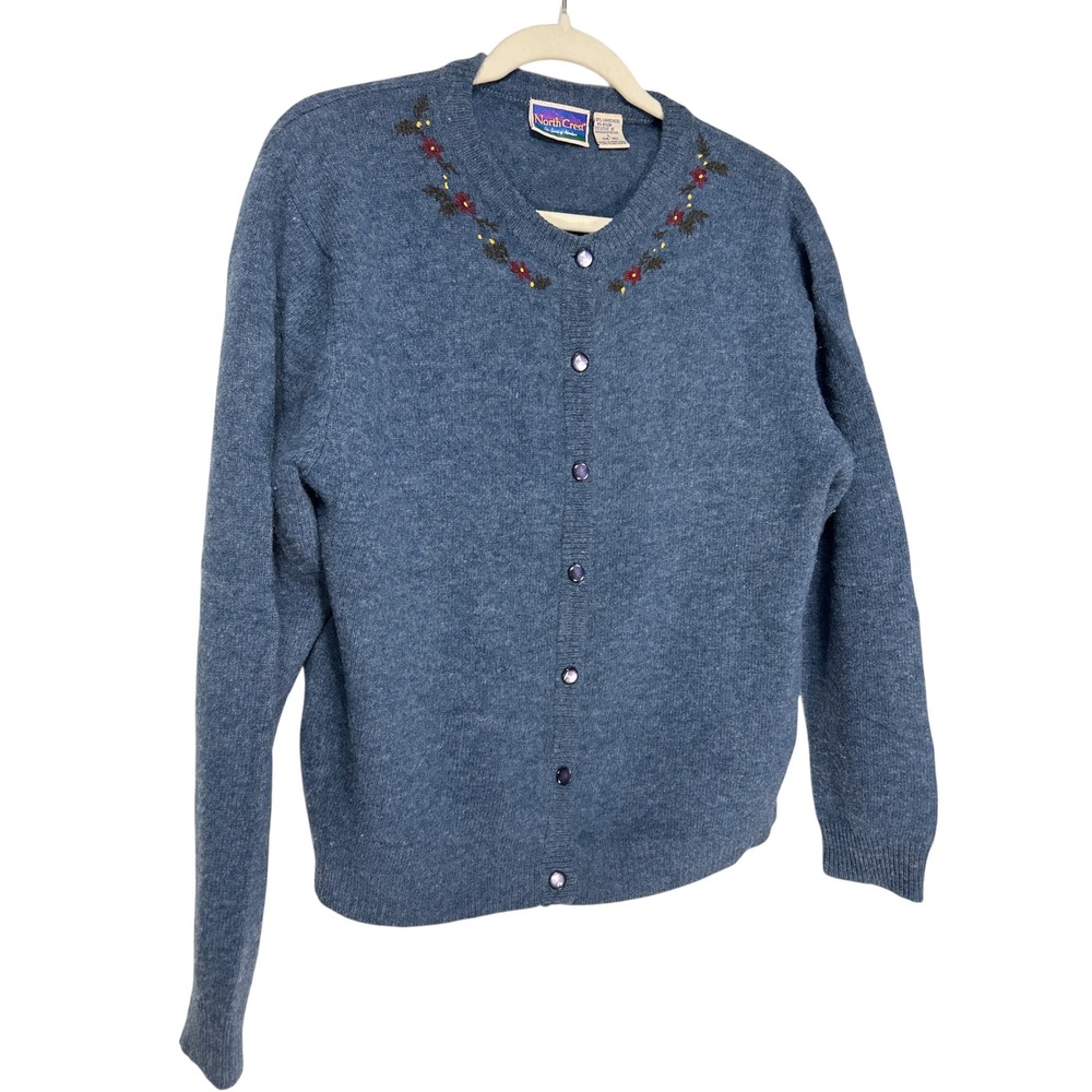 North Crest Lambswool Blend Floral Embroidered Cardigan‎ Blue-Gray Size Large